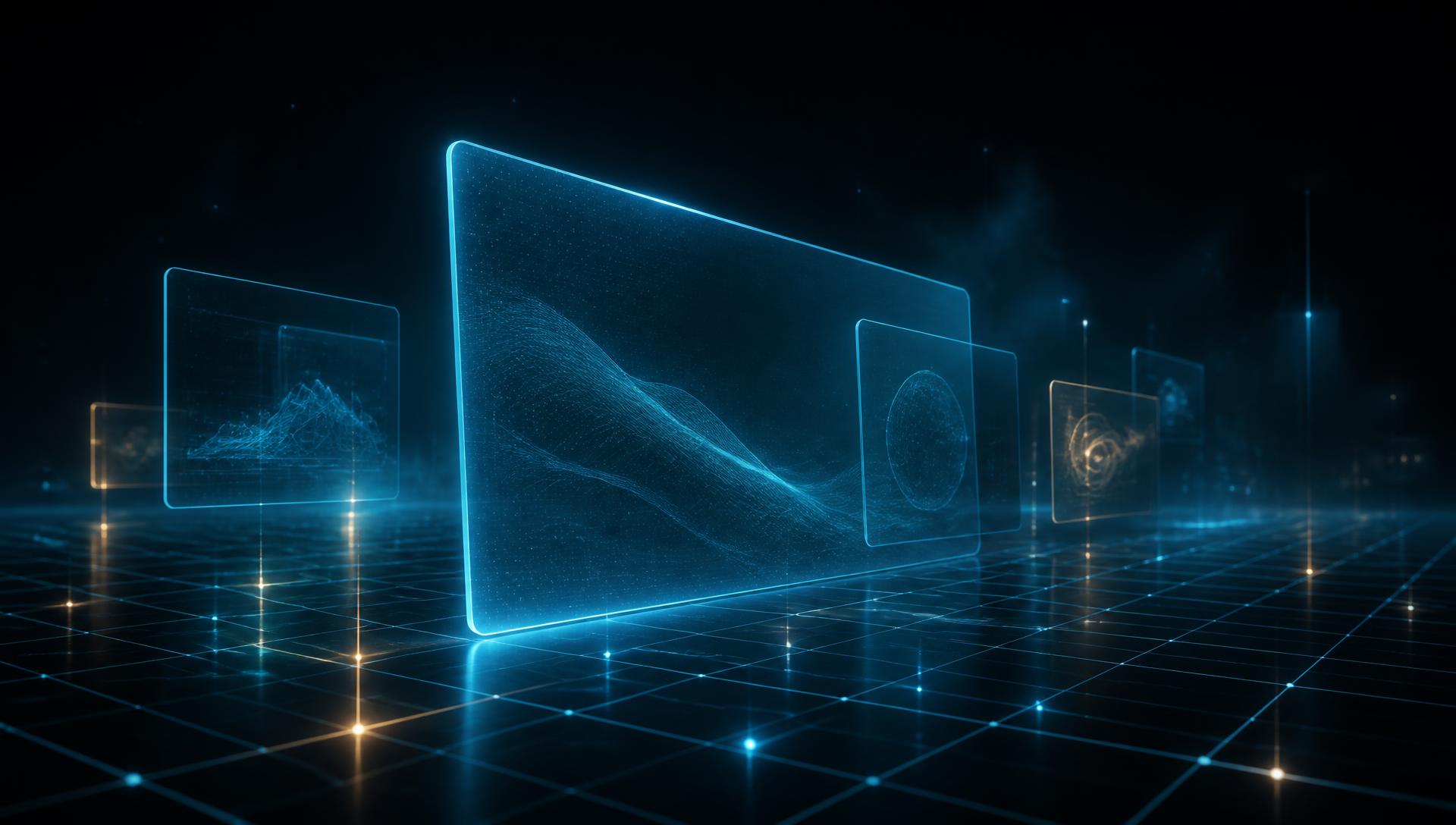 Glowing slide panels floating above a digital grid